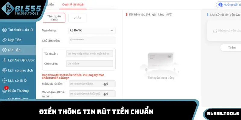 Điền thông tin rút tiền chuẩn