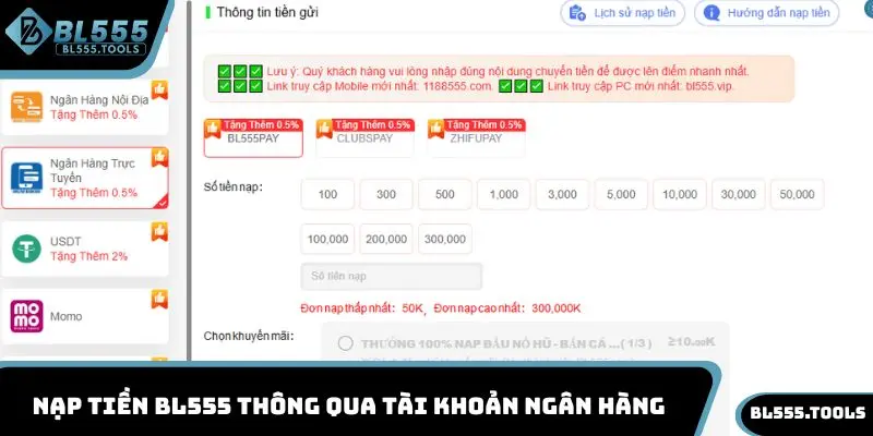 Nạp tiền BL555 thông qua tài khoản ngân hàng
