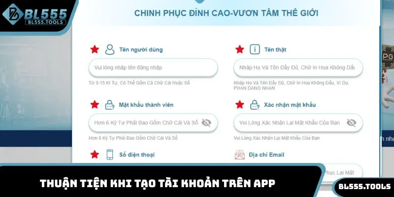 Thuận tiện khi tạo tài khoản trên app